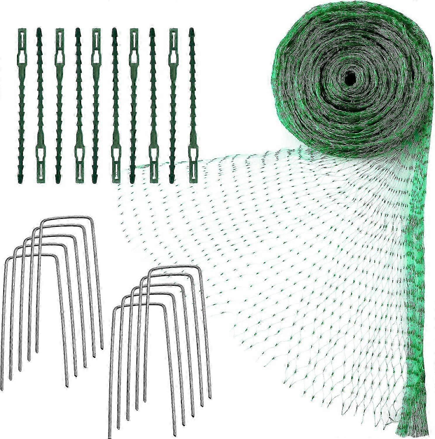 Green Bird Netting,Fruit Tree Netting with Cable Ties and U-Shape Garden Stakes,4mx10m(13.1x32.8 Feet)