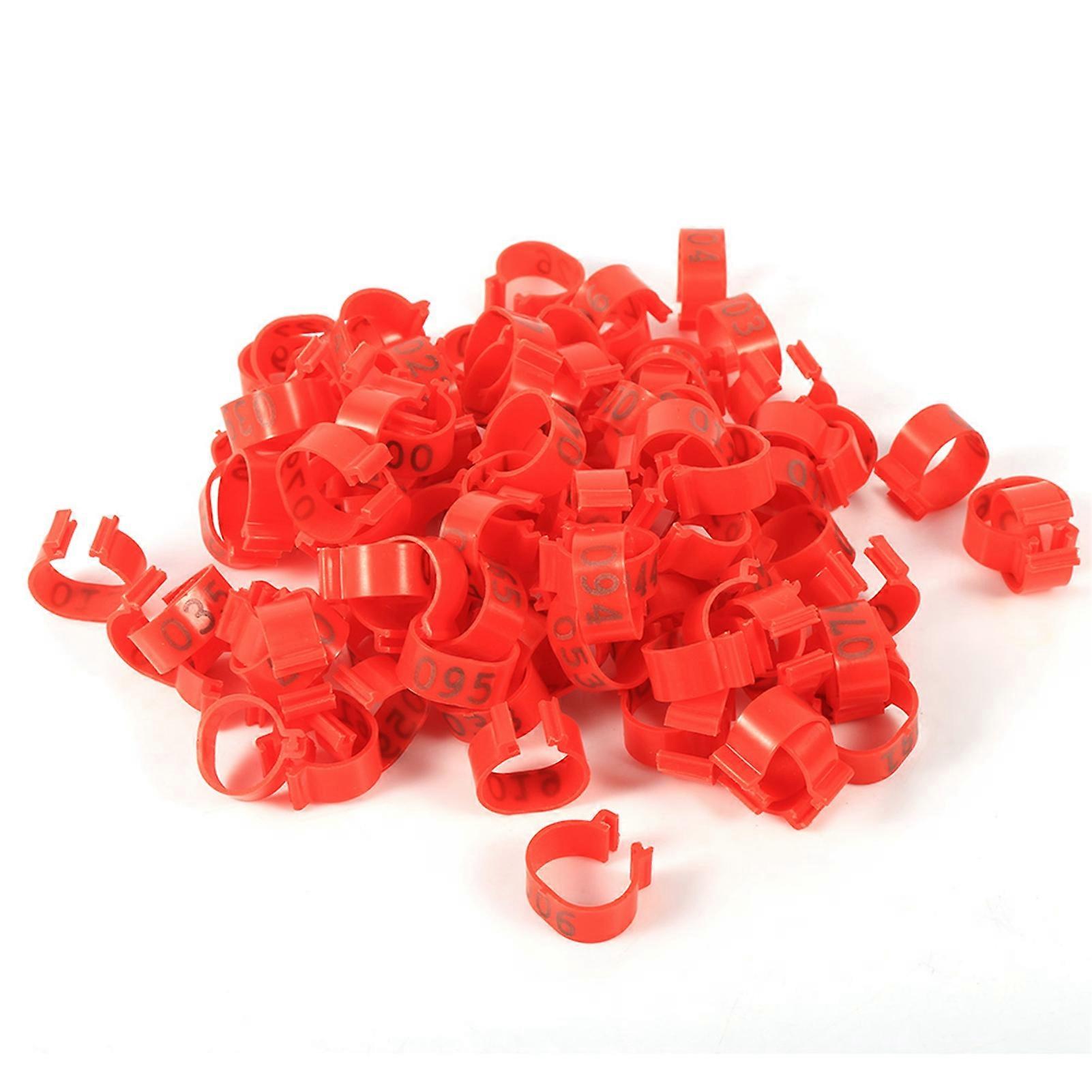 100 Pcs 16mm Numbered Plastic Leg Rings for Poultry, Chicken, Duck and Geese (Red)