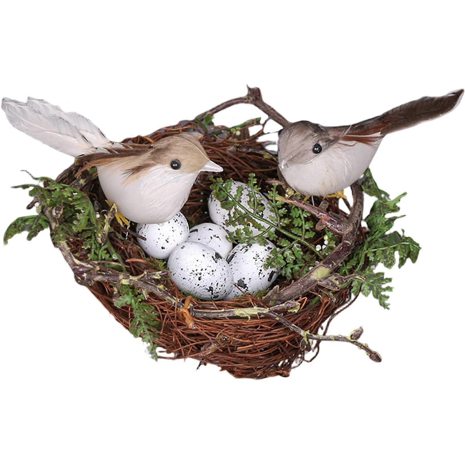 5.9 Inch Rattan Bird Nest Decor with Two Birds and Five Eggs, Rustic Garden Birdhouse for Yard and Easter Decor