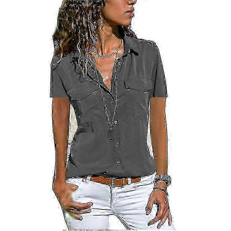 Stylish Cotton Button-Up Blouse with Short Sleeves and Collar Suitable for Women's Office and Work Attire