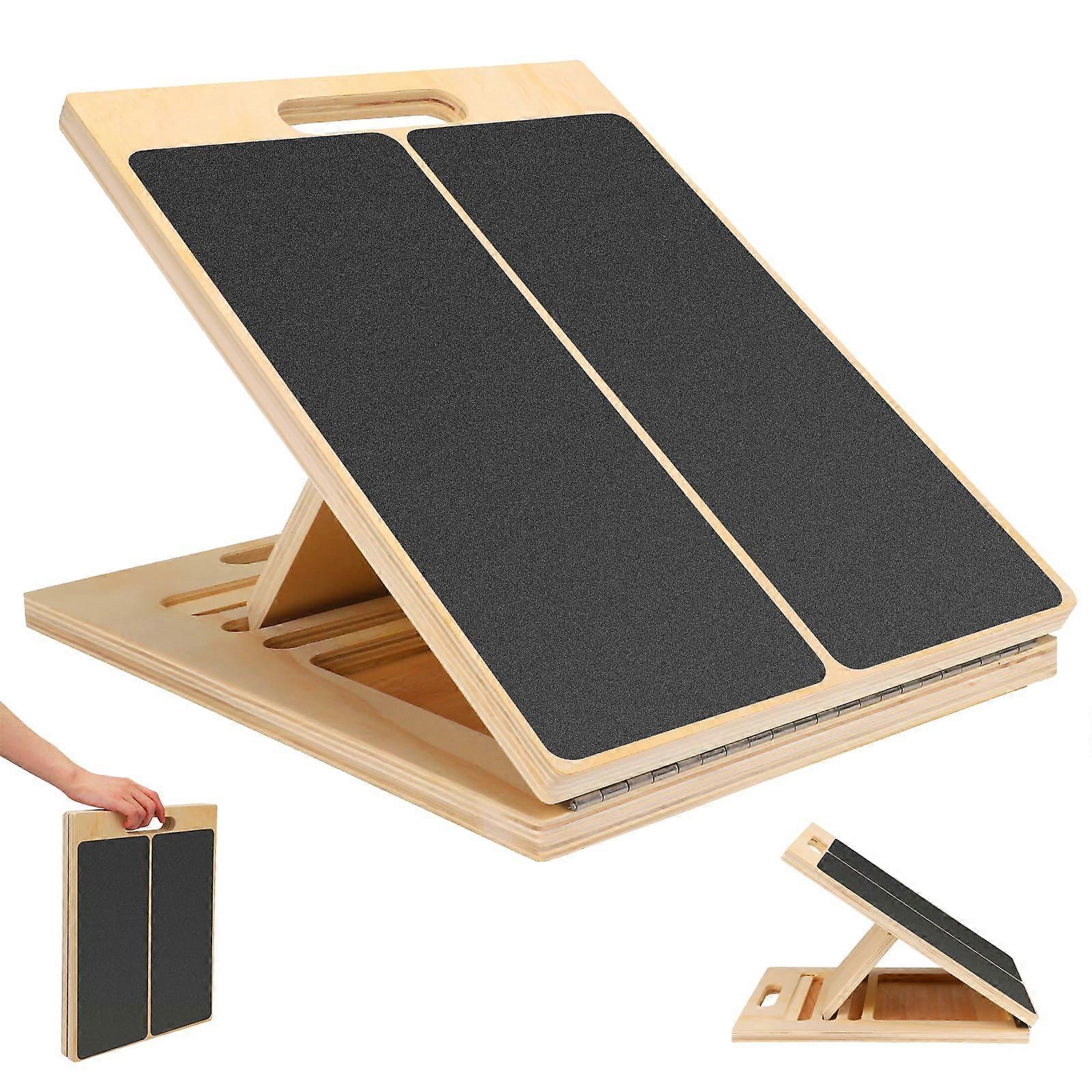 Wood Balance Board with Portable Handle, Adjustable Calf Stretch Platform, Non-Slip Surface Fitness Trainer for Adults at Home and Studio