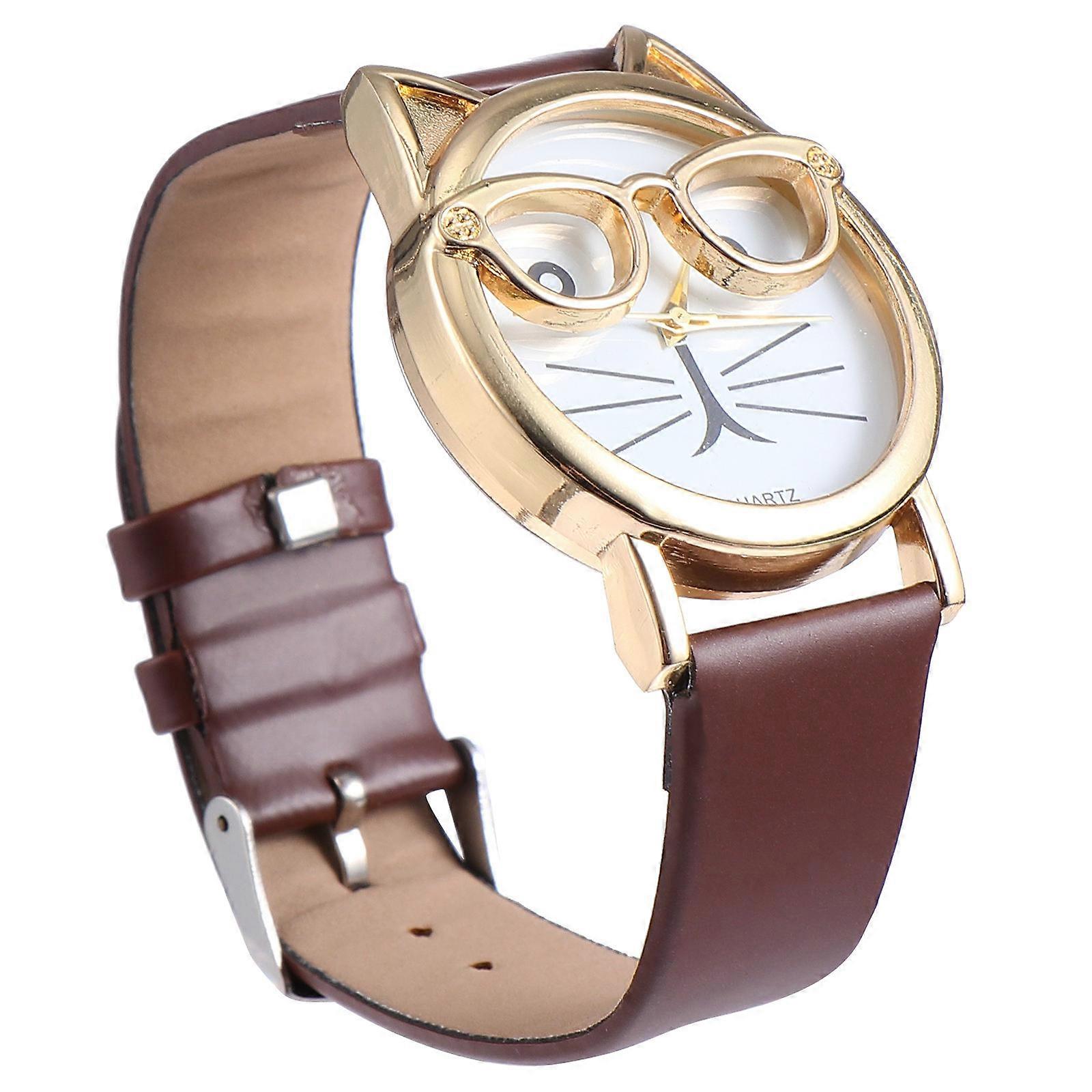 Fashionable Kids Watch with Cat Pattern and Coffee PU Strap for Daily Use Quartz Movement