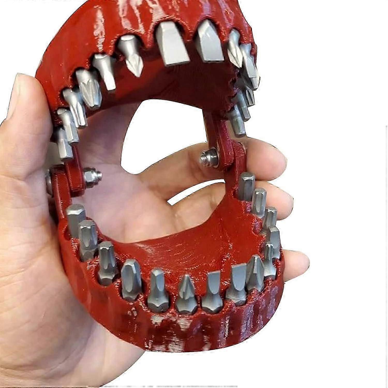 Denture Drill Bit Holder | Teeth Model Design | Holds Up To 28 Bits | Fits 1/4 Inch Hex Bit and Drive Bit Adapter (Red)