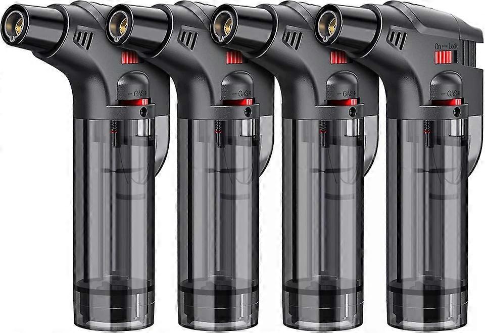 Torch Lighters, 4 Pack, Butane Refillable Jet Flame Torch Lighter, Windproof, Child-Resistant, Transparent Fuel Tank