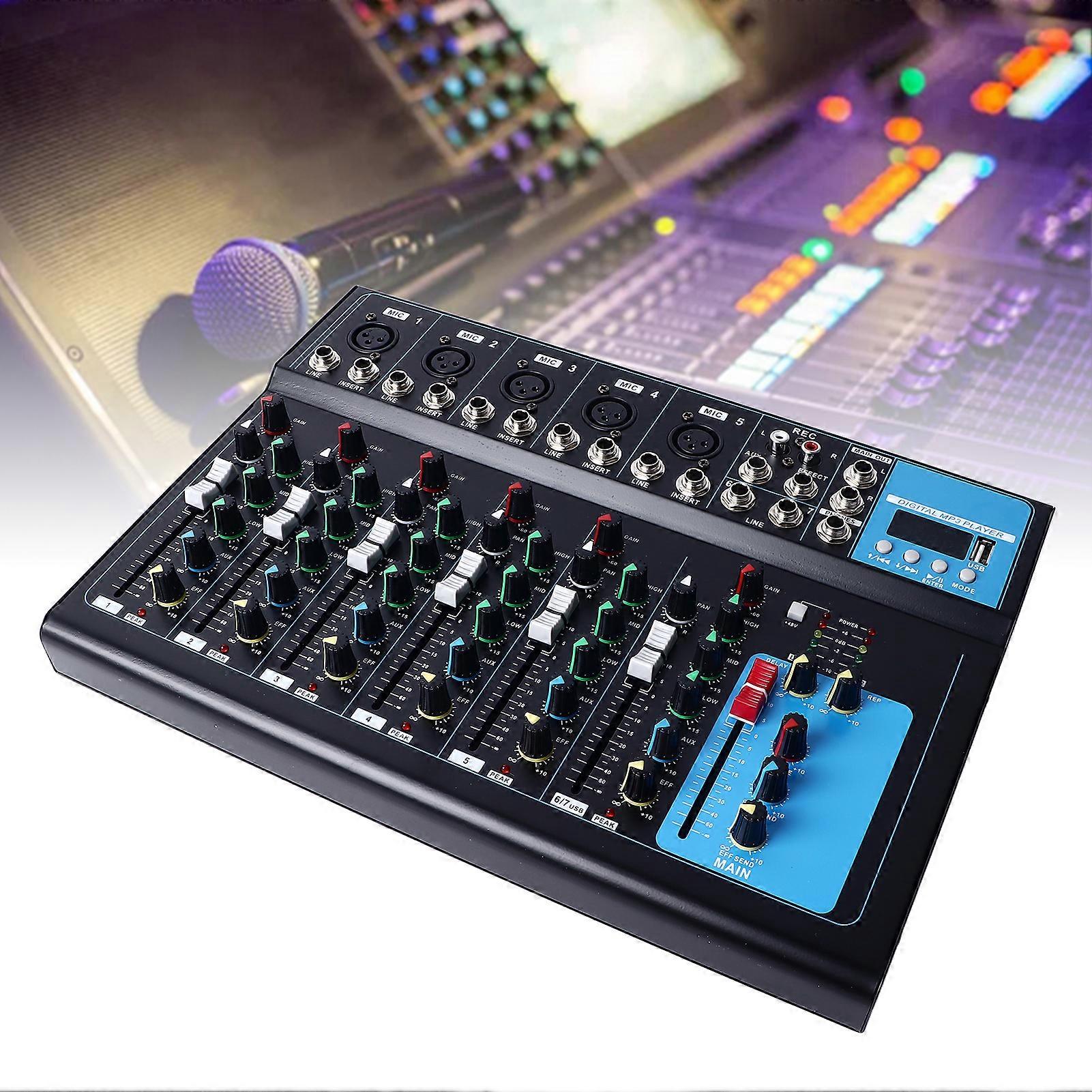 7-Channel USB Bluetooth Sound Mixer Board with Reverb & XLR Inputs