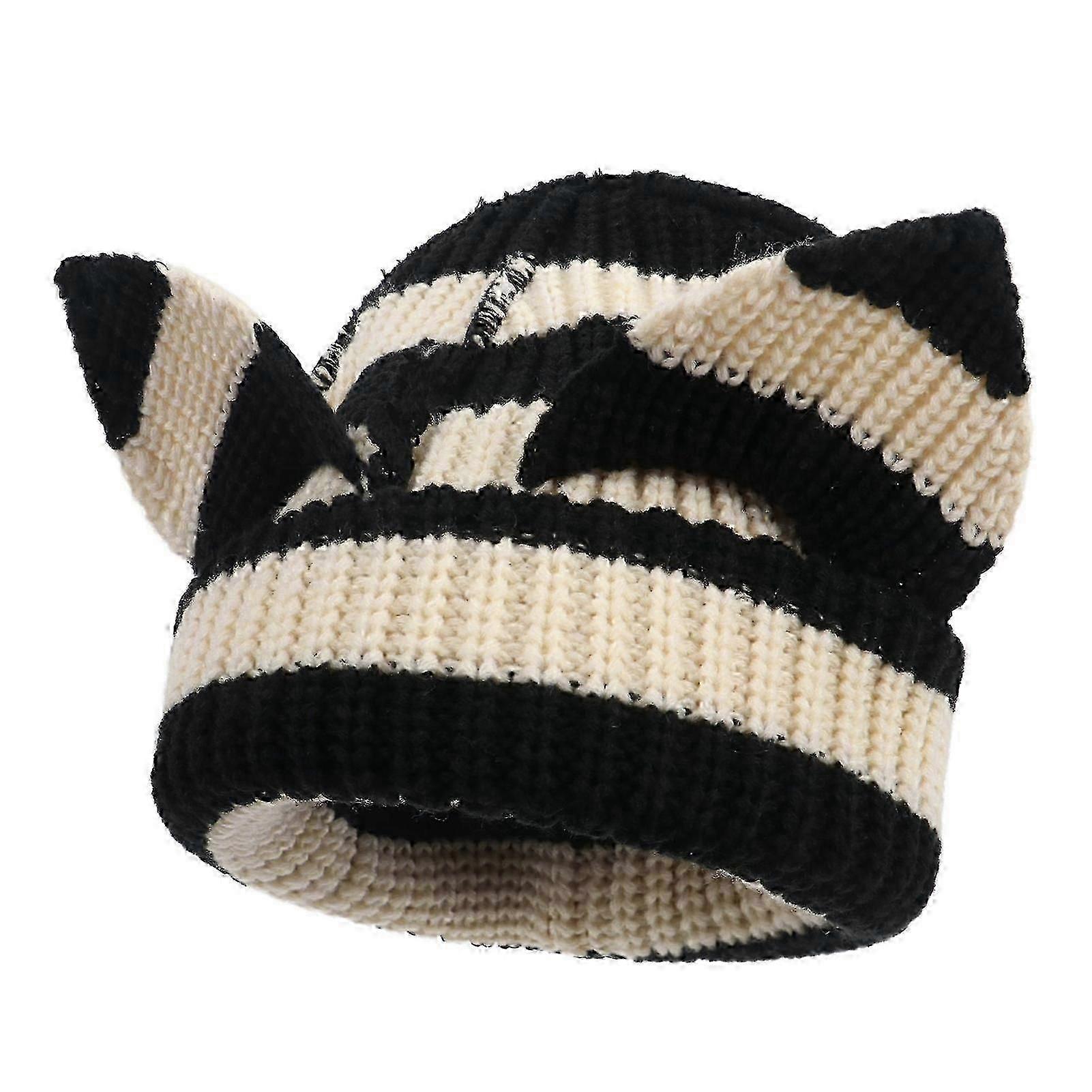 Cute Little Devil Cat Ear Striped Warm Hat Soft Comfort Slouchy Beany Knitted Hat for Indoor Outdoor