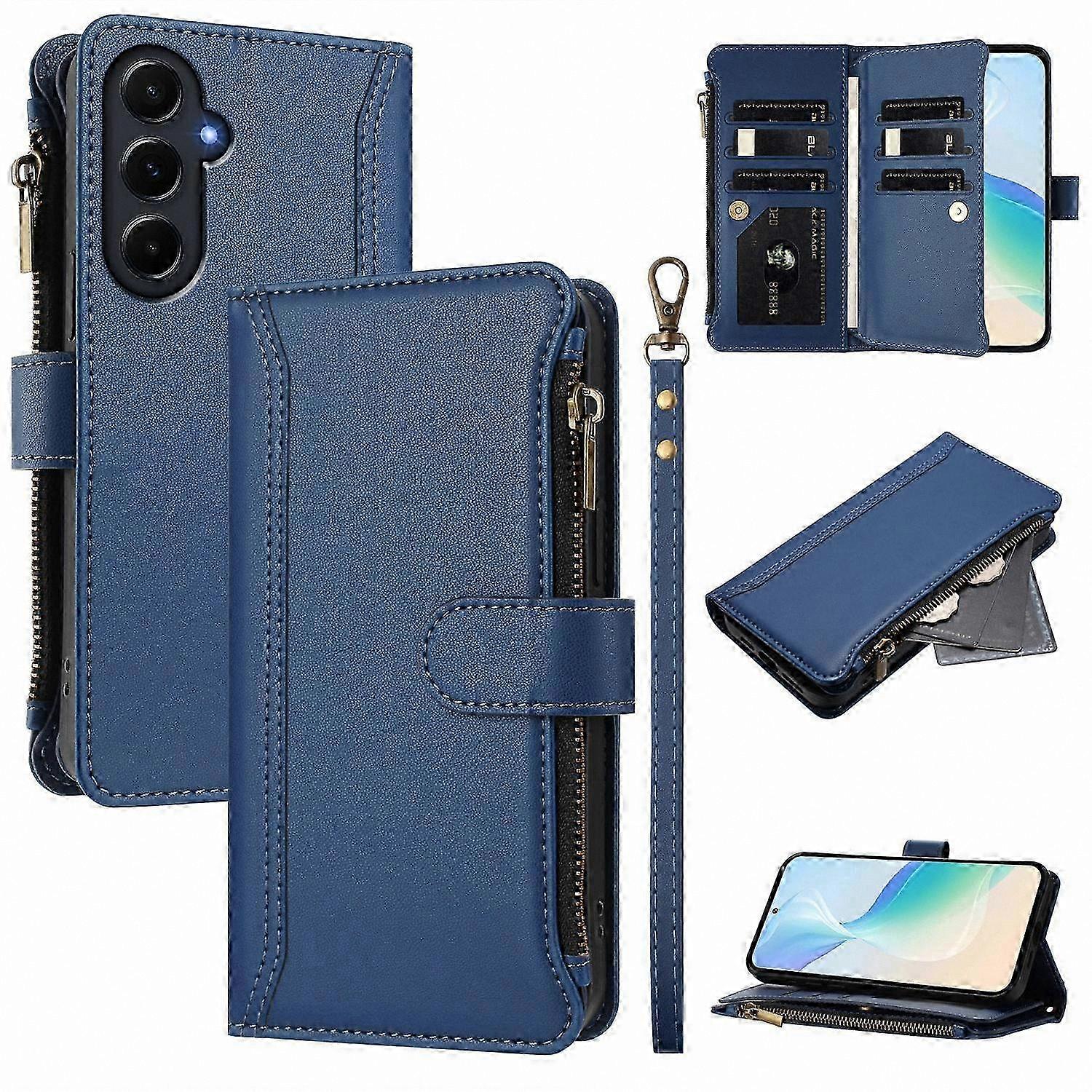 Leather Wallet Case with Zipper and Wrist Strap for 9 Card Slots, Compatible with Galaxy A55 5G Phone Cover with Stand Function