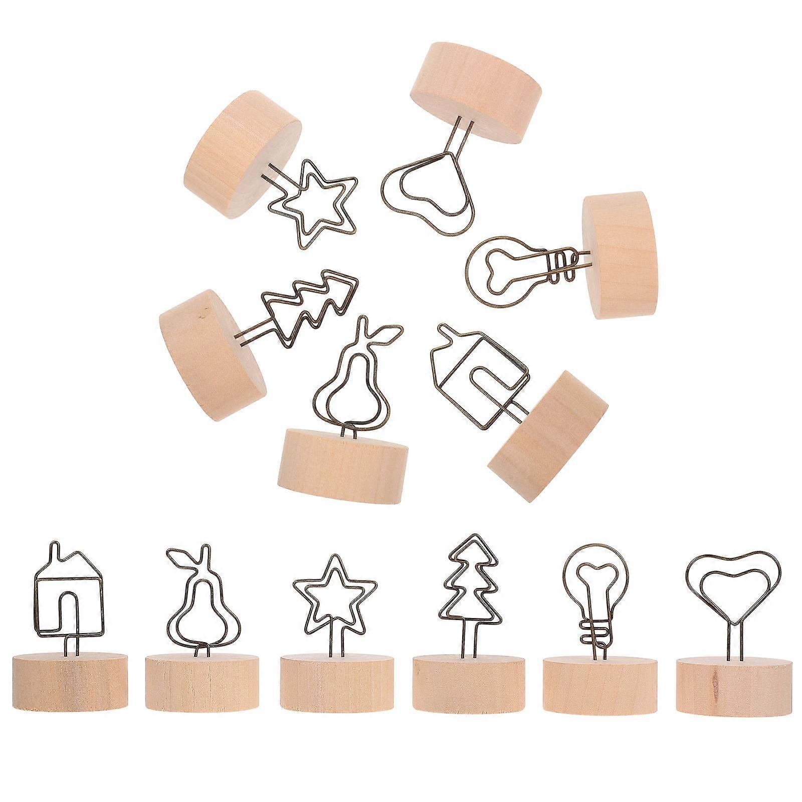 Light Brown Memo Clip with Base for Home Use 12Pcs Wooden Desktop Holder