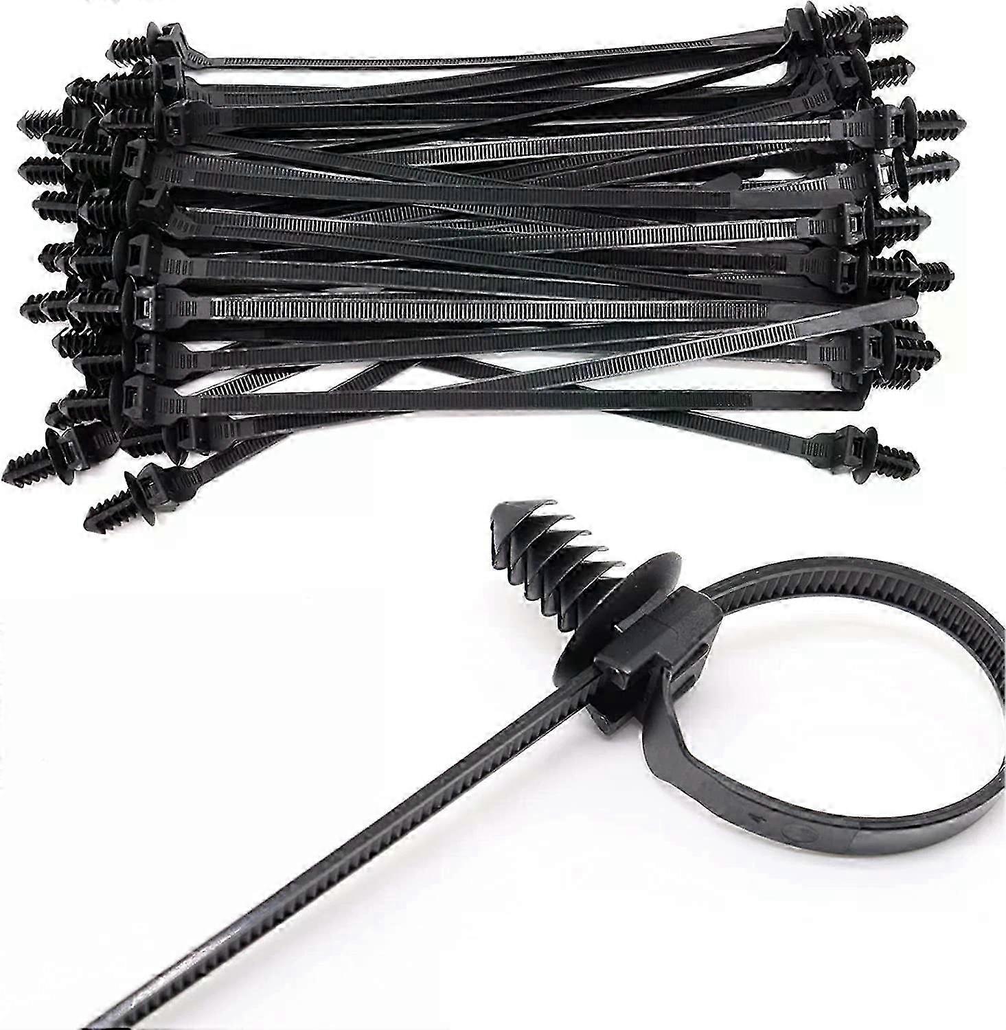 8-Inch Black Push Mount Zip Ties with Tree Fasteners, 100-Pack Wire Management Solution