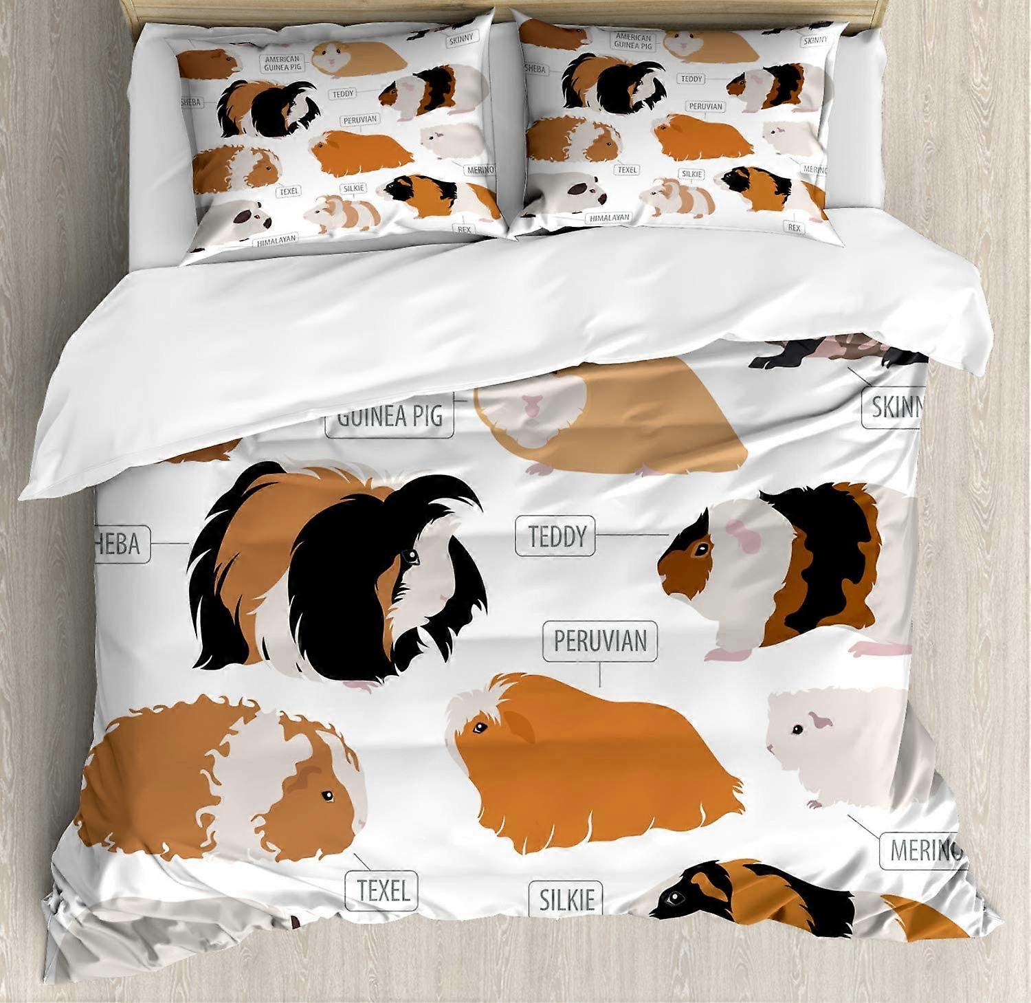 Guinea Pig Duvet Cover, Infographic Design ification for Types of Rodent Breeds, Decorative 3 Pcs Bedding Set with 2 Pillowcases, Brown Ginger