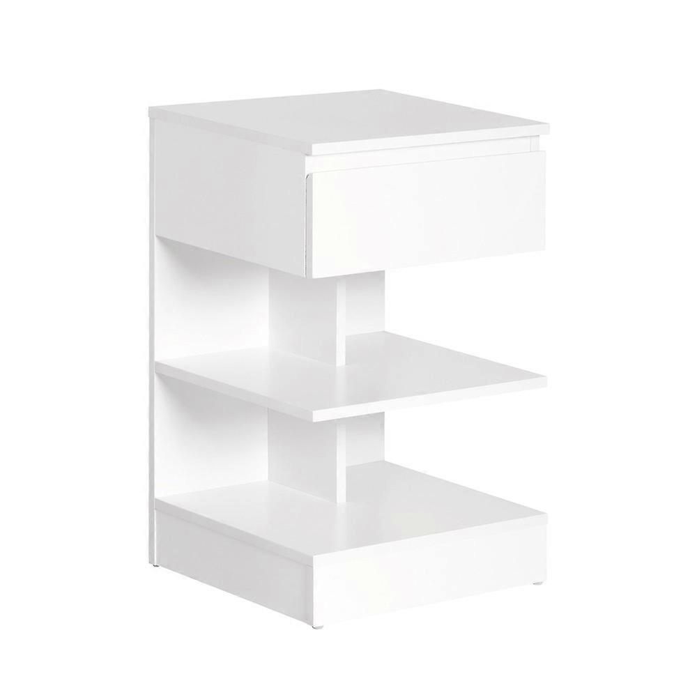 SoBuy FBT49-W,Floor Stand Bedside Table E Shaped  Side Table Nightstand Bedside Chest with 1 Drawer & 2 Shelves, Side Table for Bedroom Living Room