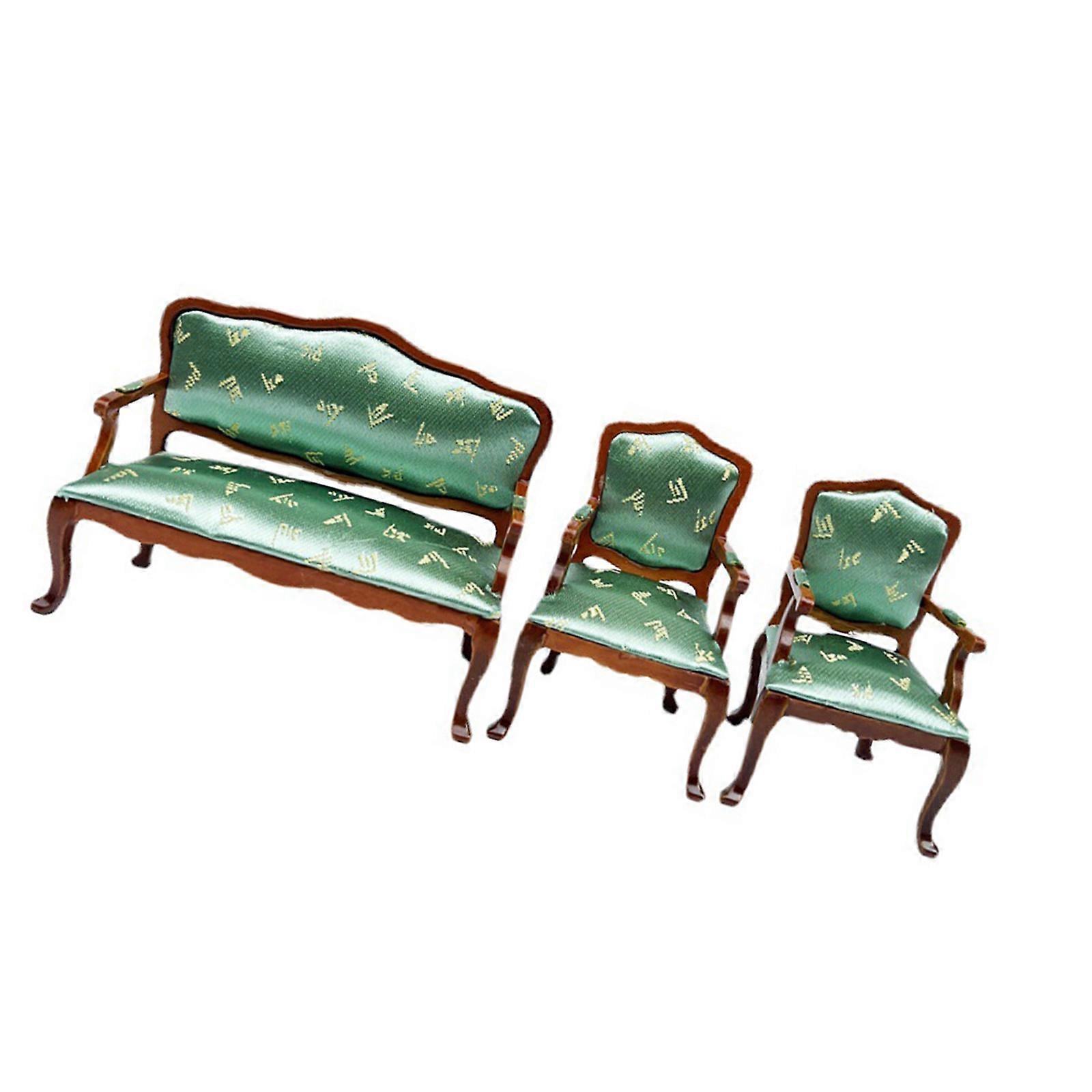 1/12 Scale Miniature Sofa Armchair Set with Soft Green Fabric Seating For Realistic Wood Doll House Scene Display Props Multicolor