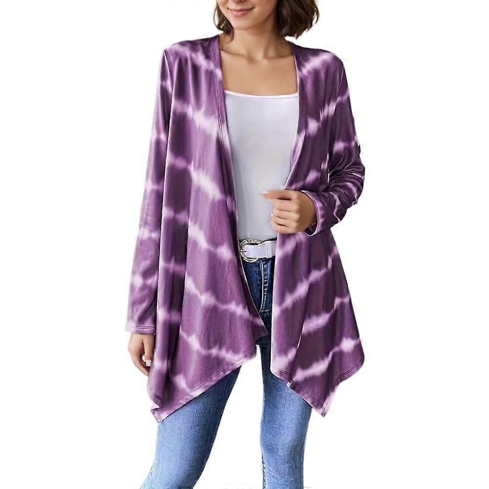 Women Tie Dye Cardigan Long Sleeve Open Front Lightweight Jacket Casual Loose Fit Knit Coat Fashion Outerwear  Purple XL