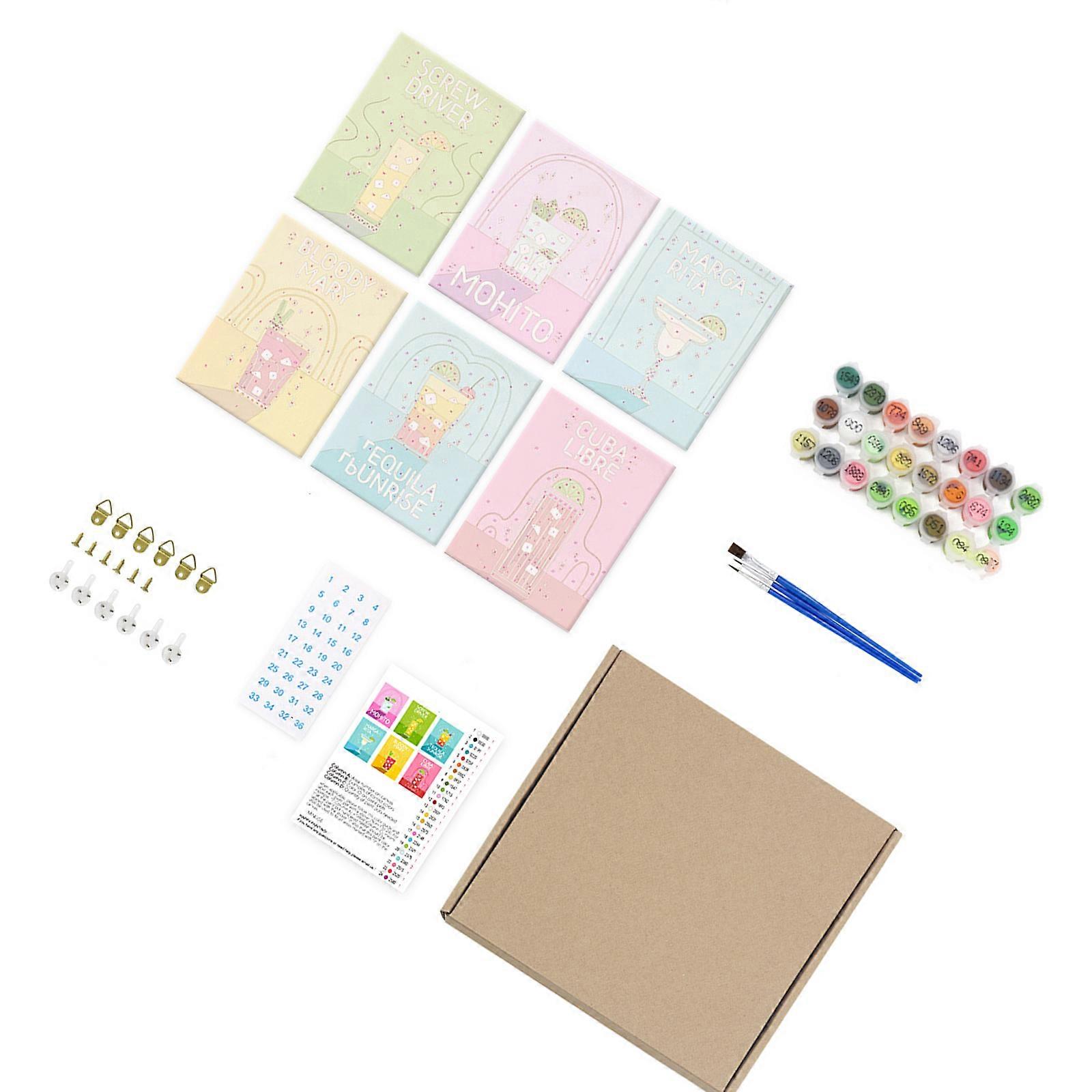 6PCS Fabric Canvas Set With Preprinted Pattern With Multicolored Acrylic Paint Art Brush Beginner Art Painting Supplies Multicolor