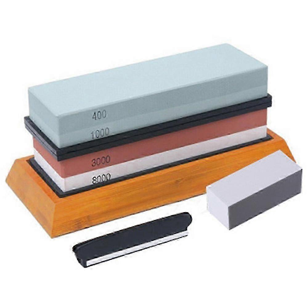 Knife Sharpening Stone Kit, 4 Side Grit 400/1000 3000/8000 Water Stone, Non-slip Bamboo Base, Flatting Stone, Angle Guide and Leather Strop