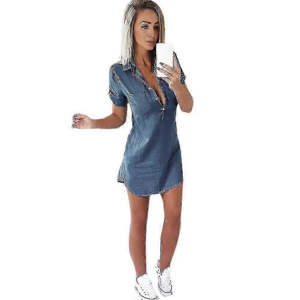 Frauen Kurzarm Kleid Solid Denim Kleid Turn Down Kragen Mini Kleider