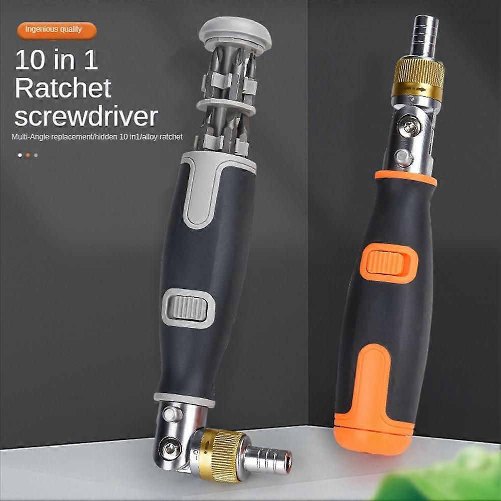 10-In-1 Gray Screwdriver Set Bidirectional Ratchet Deformation Multi-Angle Special-Shaped Screwdriver with Batch Head