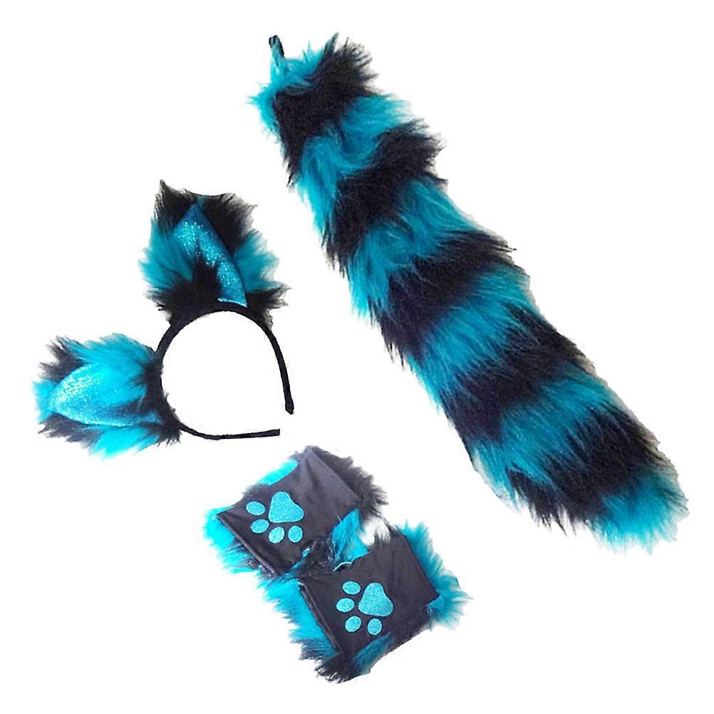 Fox Tail Headband Set Furry Animal Ears and Tail for Party 1Set Plush Blue