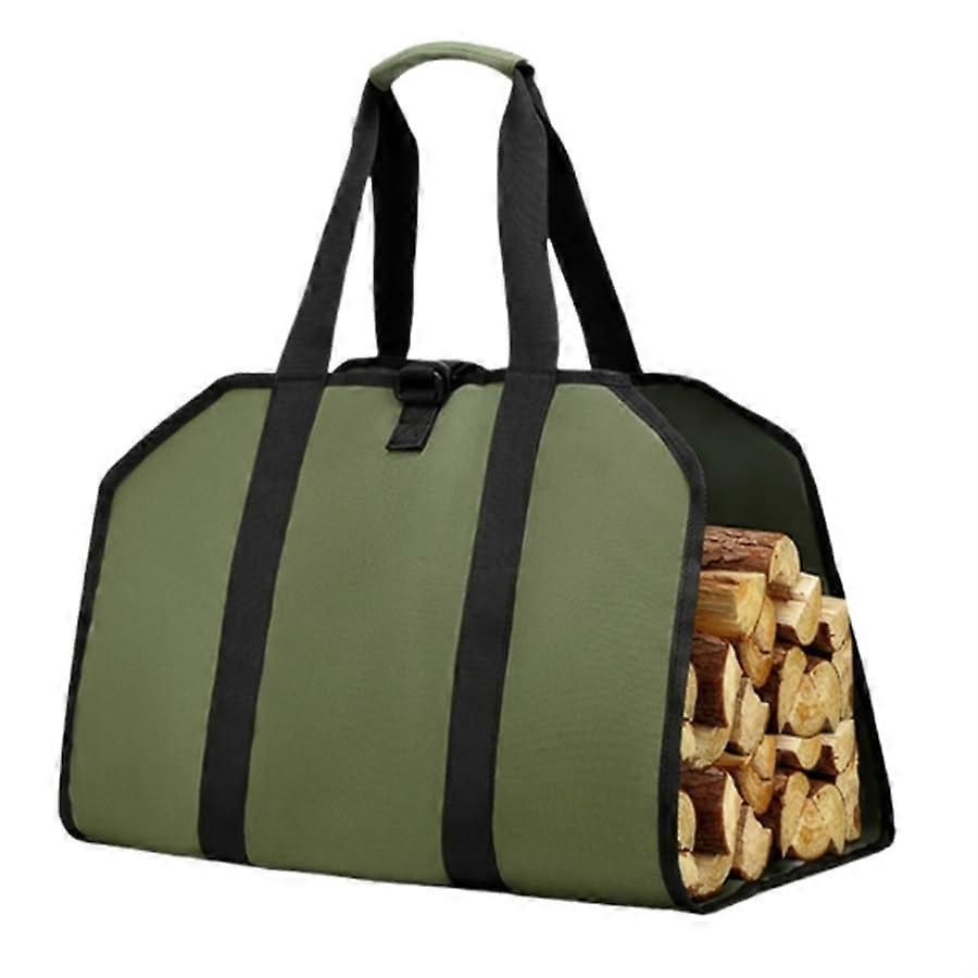 Extra Large Waxed Canvas Firewood Carrier Bag with Ergonomic Handles for Fireplace or Camping – Green