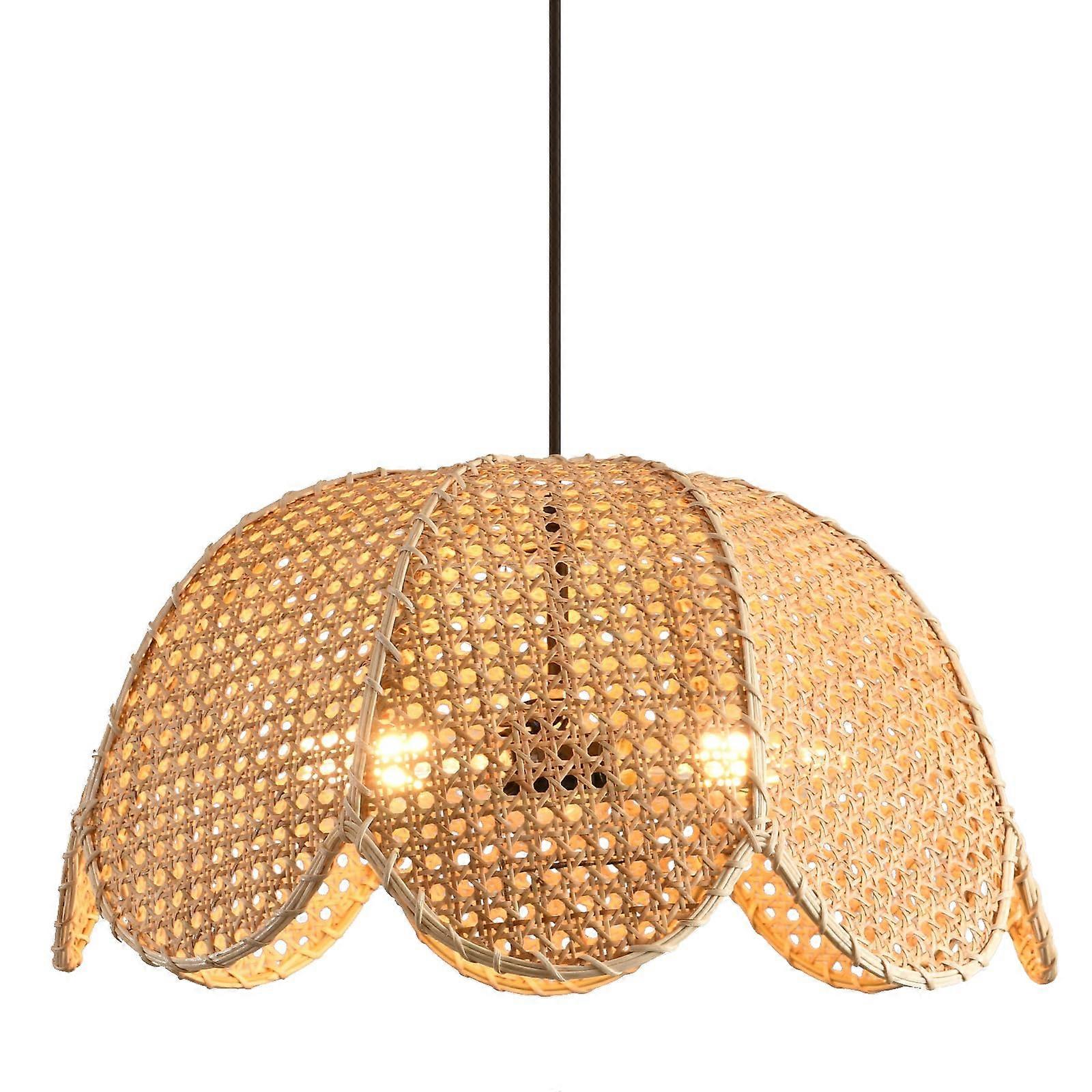 3Light Rattan Pendant Light with HandWoven Flower Shade, Boho Ceiling Lamp for Dining Room 18.9'