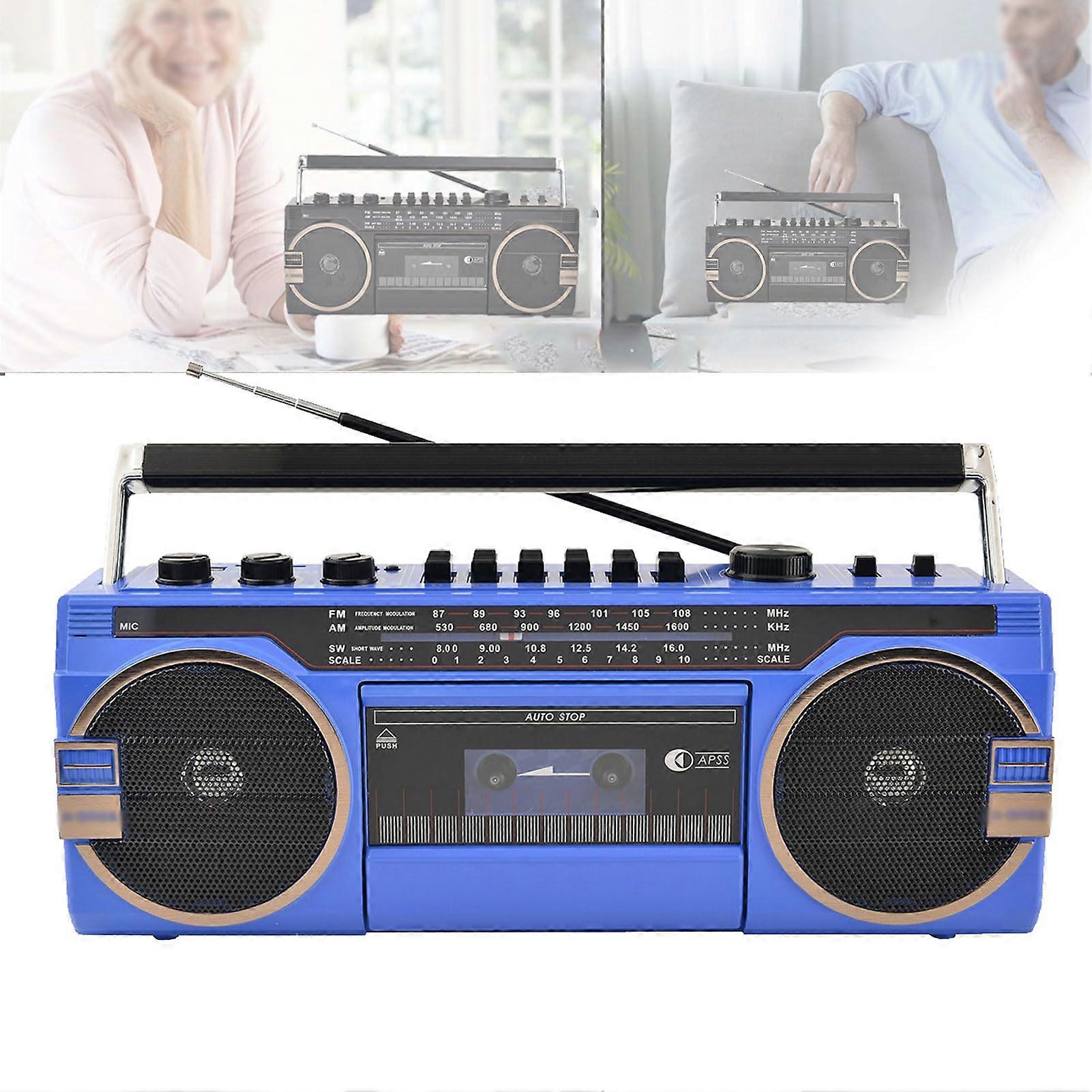 Multi-Function Retro Bluetooth Cassette Recorder with AM/FM Radio, Portable CD Tape Player, SD/USB Playback, Blue