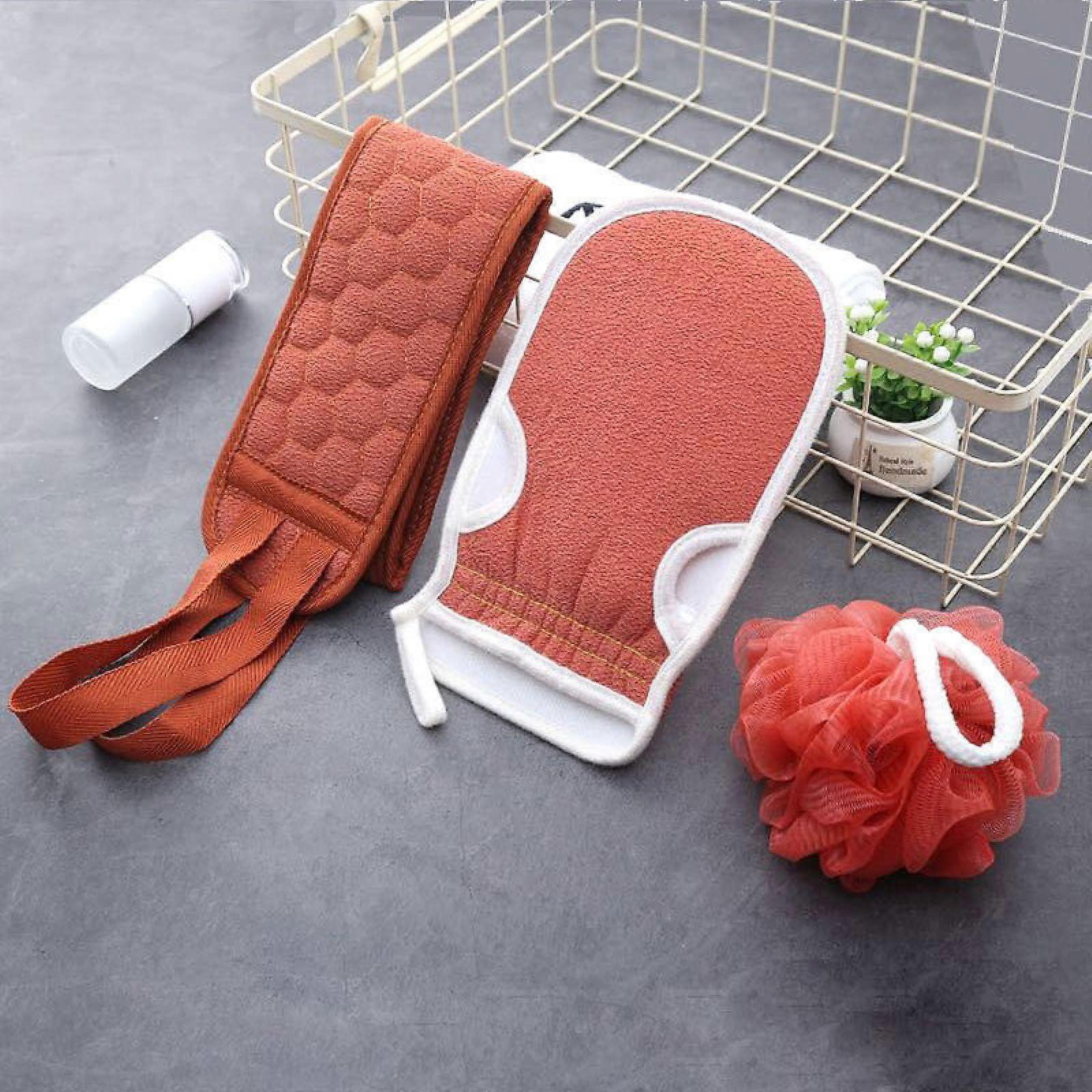 Brick Red Exfoliating Bath Towel Set with Thickened Gloves and Back Scrubber, Quick Dry Mesh