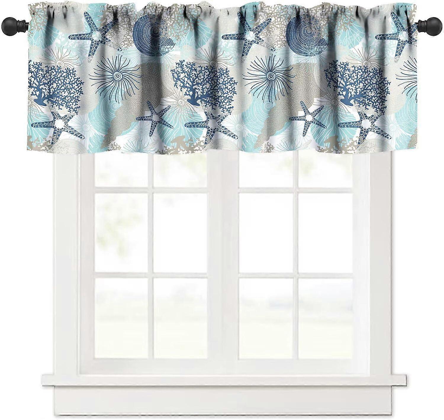 Ocean Beach Theme Valance Curtain Starfish Seashell Print Light Blocking for Kitchen 54x18