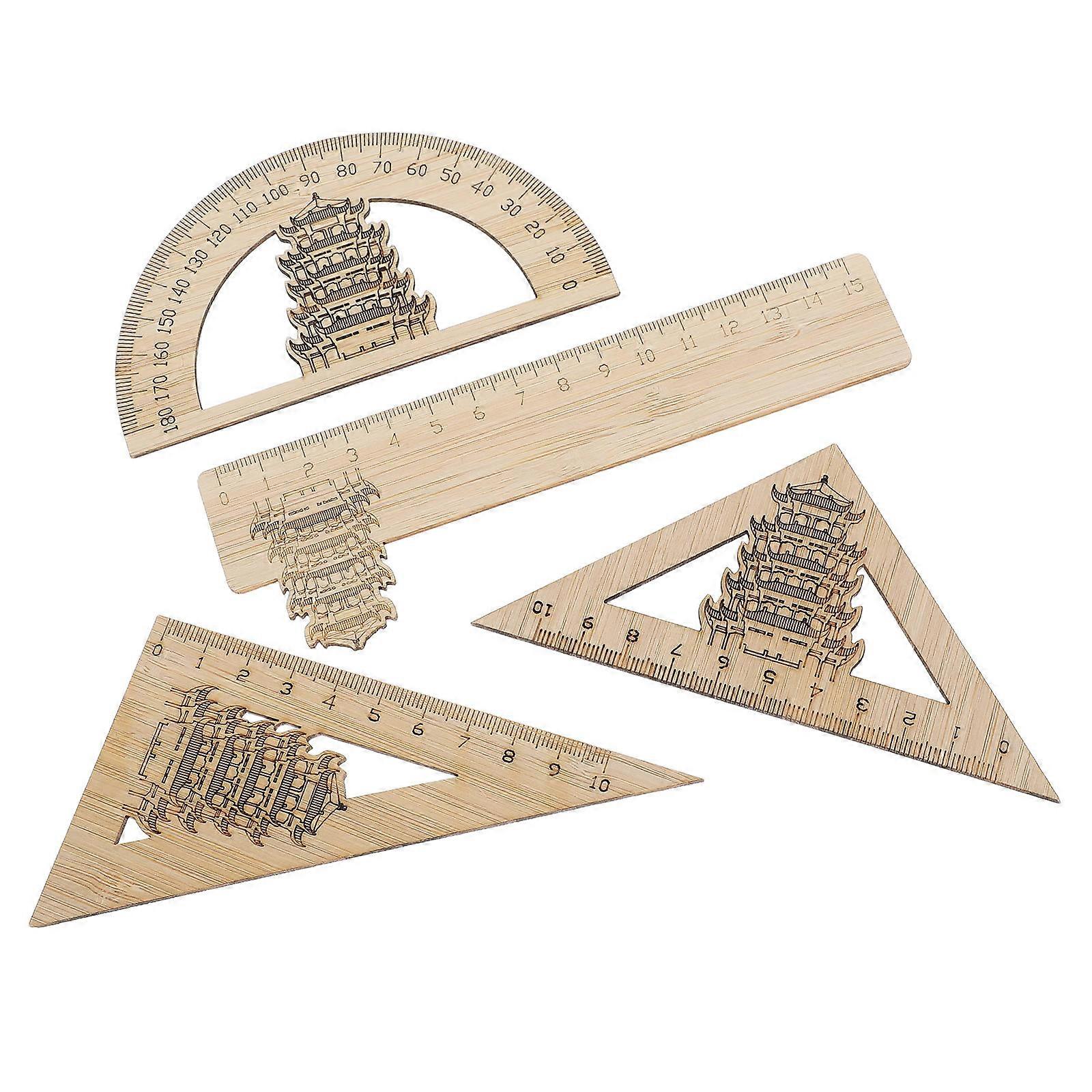 Yellow Crane Tower Bamboo Ruler Set 4Pcs for School Use Measuring