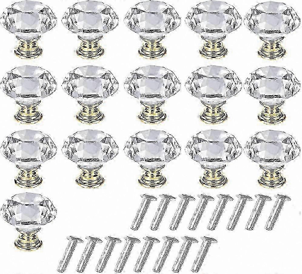 16-Piece Transparent Crystal Cabinet Knobs with Screws, Golden Finish