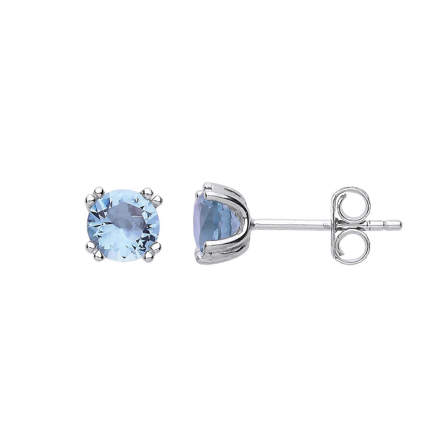 Jewelco London Ladies Sterling Silver Aqua Blue Cubic Zirconia Double 4 Claw Solitaire Stud Earrings 6mm