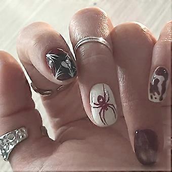 Halloween Press on Nails with Spider Designs, Red and White Glossy Heart Shapes, 24pcs