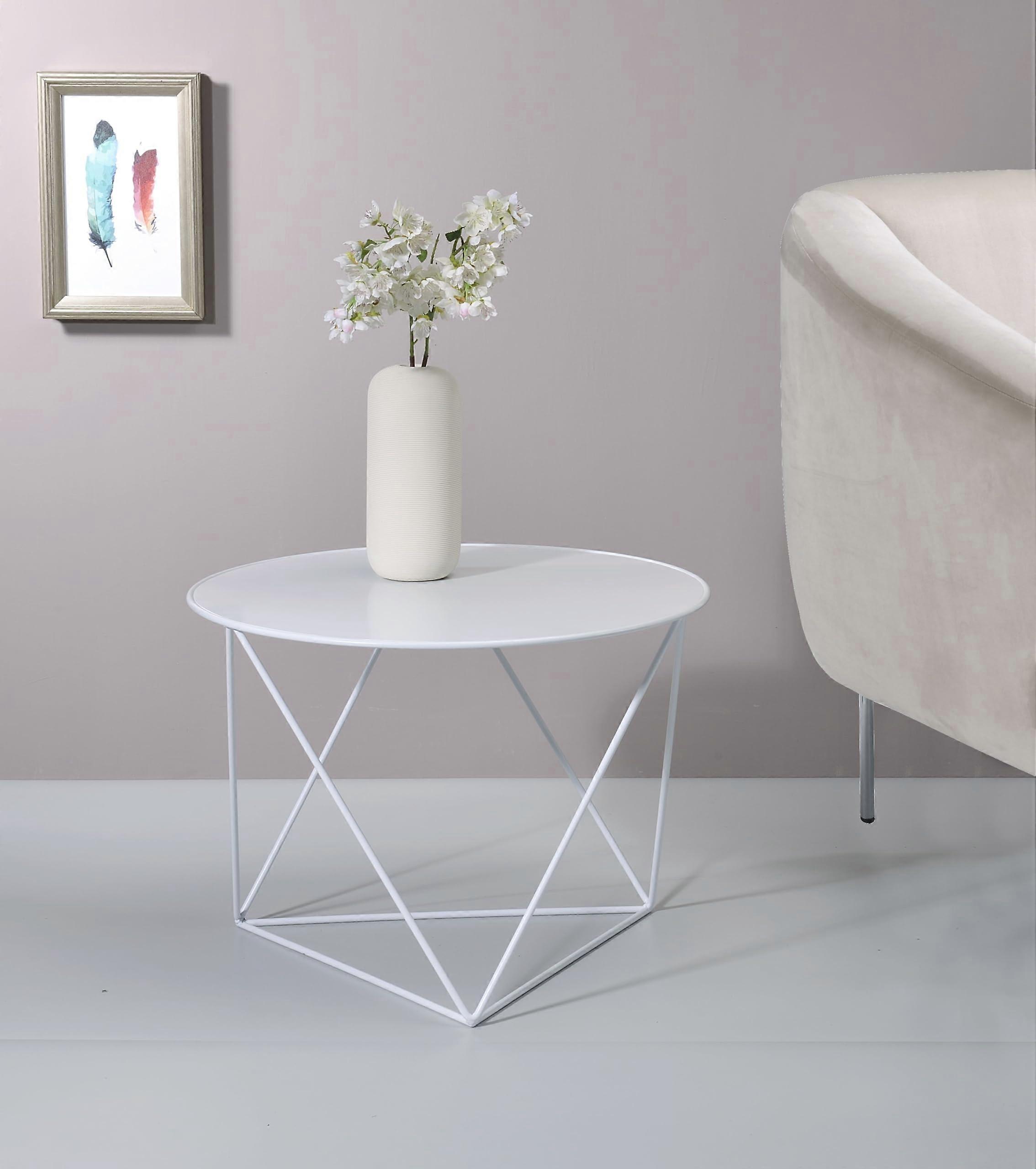 White Metal Accent Table with Triangular Legs, Modern Side Table for Living Room or Bedroom
