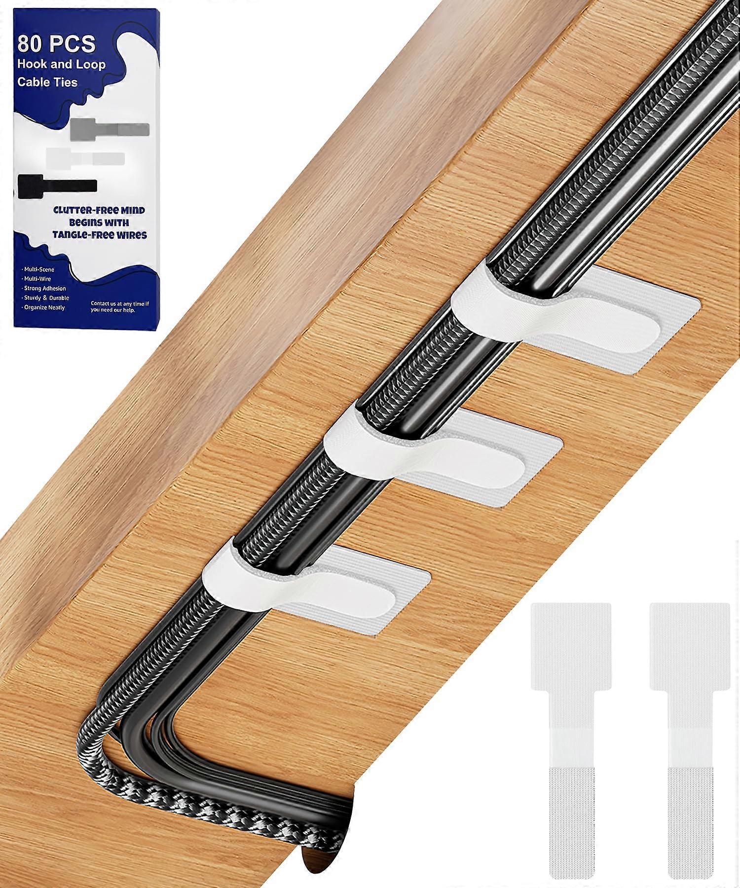 80 Pack White Hook and Loop Cable Ties with Adhesive Clips for Desk Cord Management and Organization