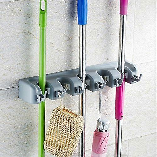 5Position Wall Mounted Broom Holder and Mop Organizer Rack, SpaceSaving Storage with Secure Grip