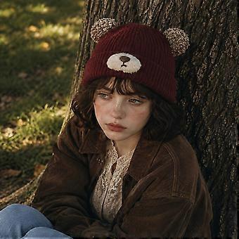 Women's 3D Curly Plush Animal Ear Hat, Thick Ribbed Ruffled Beanie with Embroidered Nose Mouth, Cream White Winter Head Warmer for Students