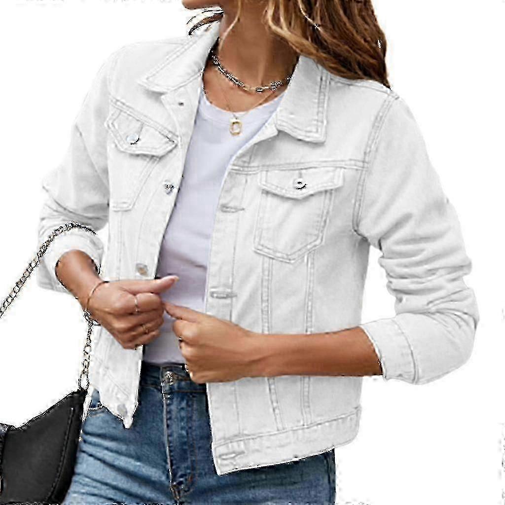 Women's Cropped Denim Jacket, Button Down Long Sleeve with Pockets