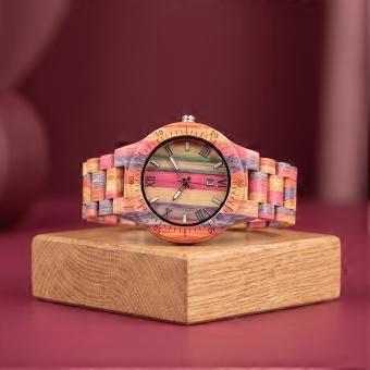 Herrenuhr aus Holz mit Quarzwerk und Kalenderanzeige, farbenfrohe Armbanduhr aus Bambusholz mit natürlichem Armband, Vintage-Geschenk für Geburtstage.