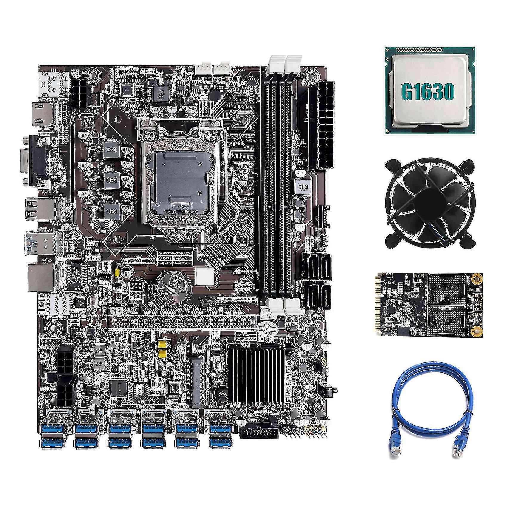 B75 Eth Mining Motherboard 12 Pcie To Usb Lga1155 With G1630 Cpu+msata Ssd 64g+cooling Fan+rj45 Net