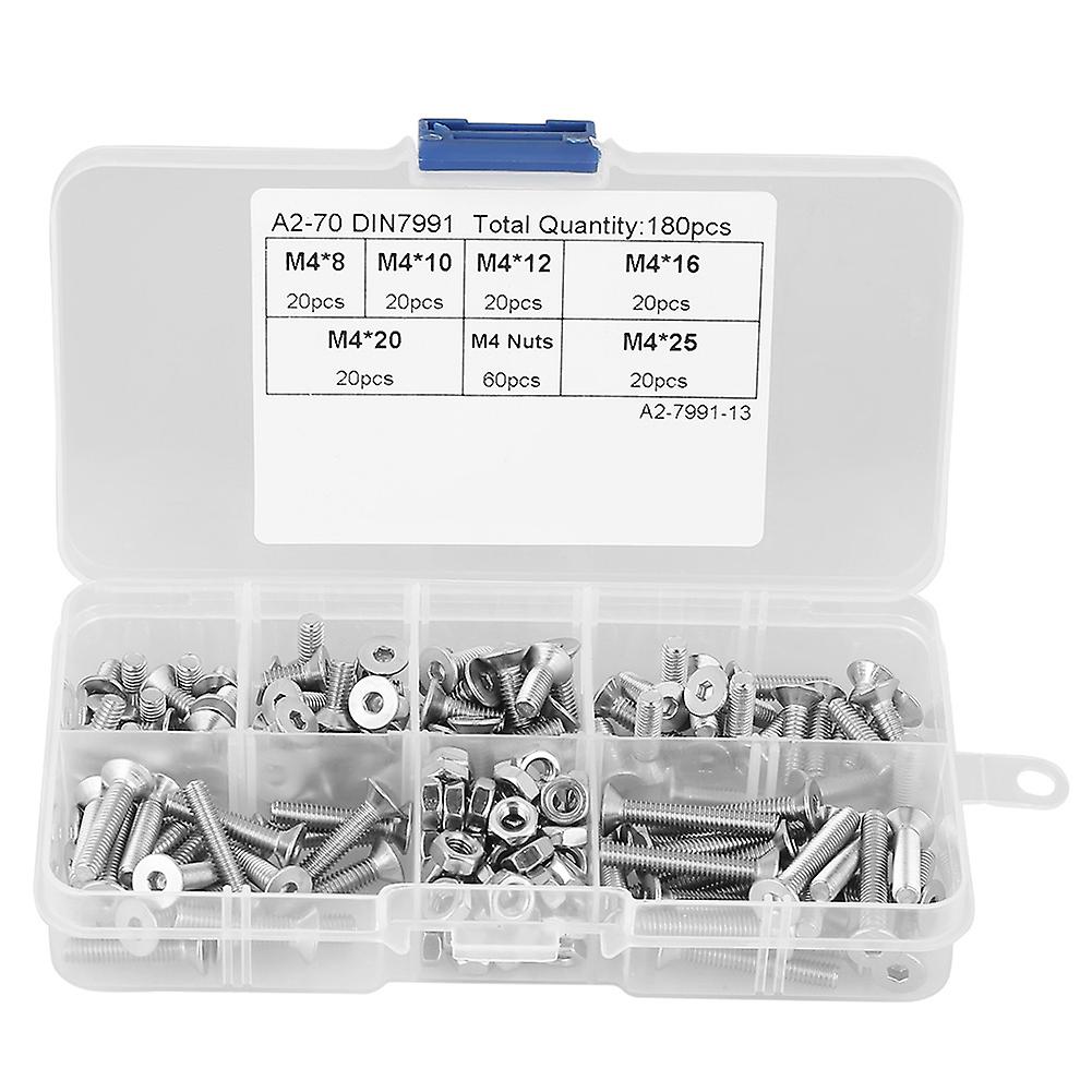180pcs M4 304 Stainless Steel Flat Head Bolt Screws Nuts Assortment Kit with Box