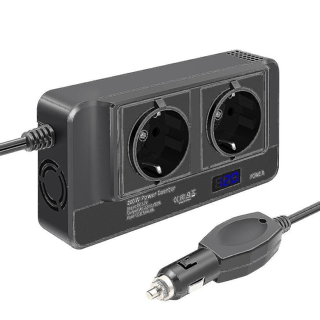 Onduleur de voiture 200w, convertisseur de tension 12V à 220V avec Smart Time Display LCD, 2 prises et 4 USB C