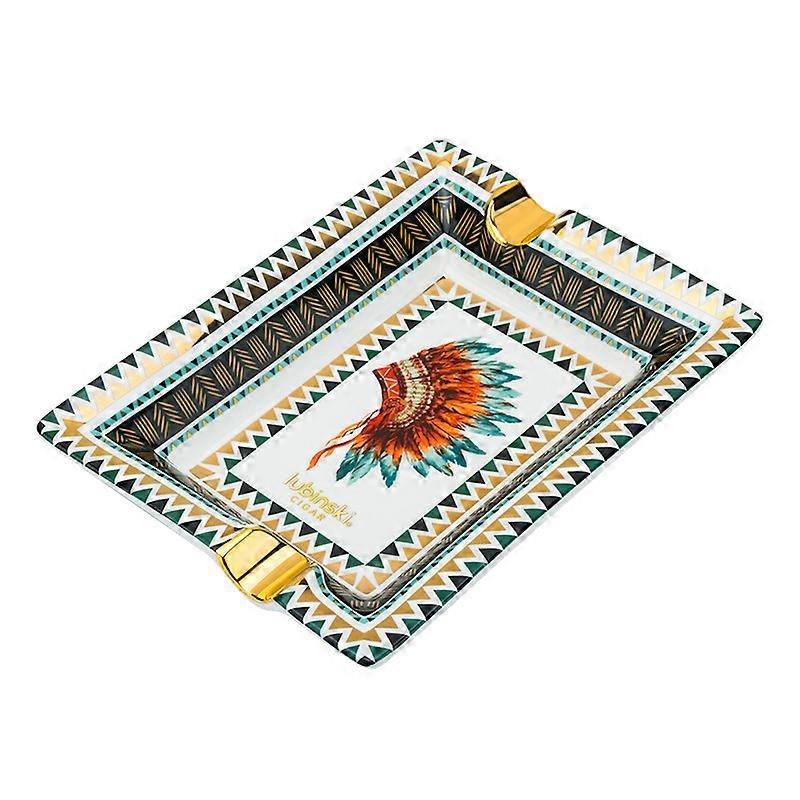 Lubinski Cigar Ashtray, Indian Eagle Feathered Crown Painted Double-Slot Ceramic Cigar Ashtray