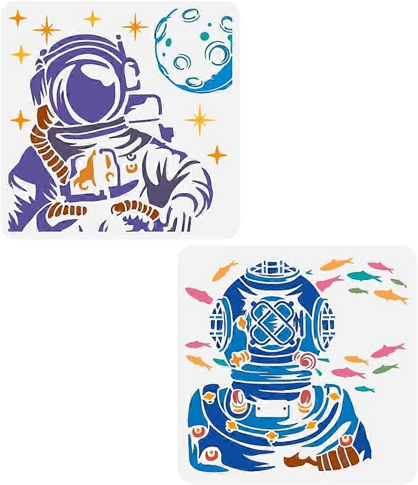 2PCS Astronaut Diver Painting Stencil 11.8x11.8 inch Reusable Diving Astronauts Stencil Astronauts Character Theme Template for Painting on Wood Wall