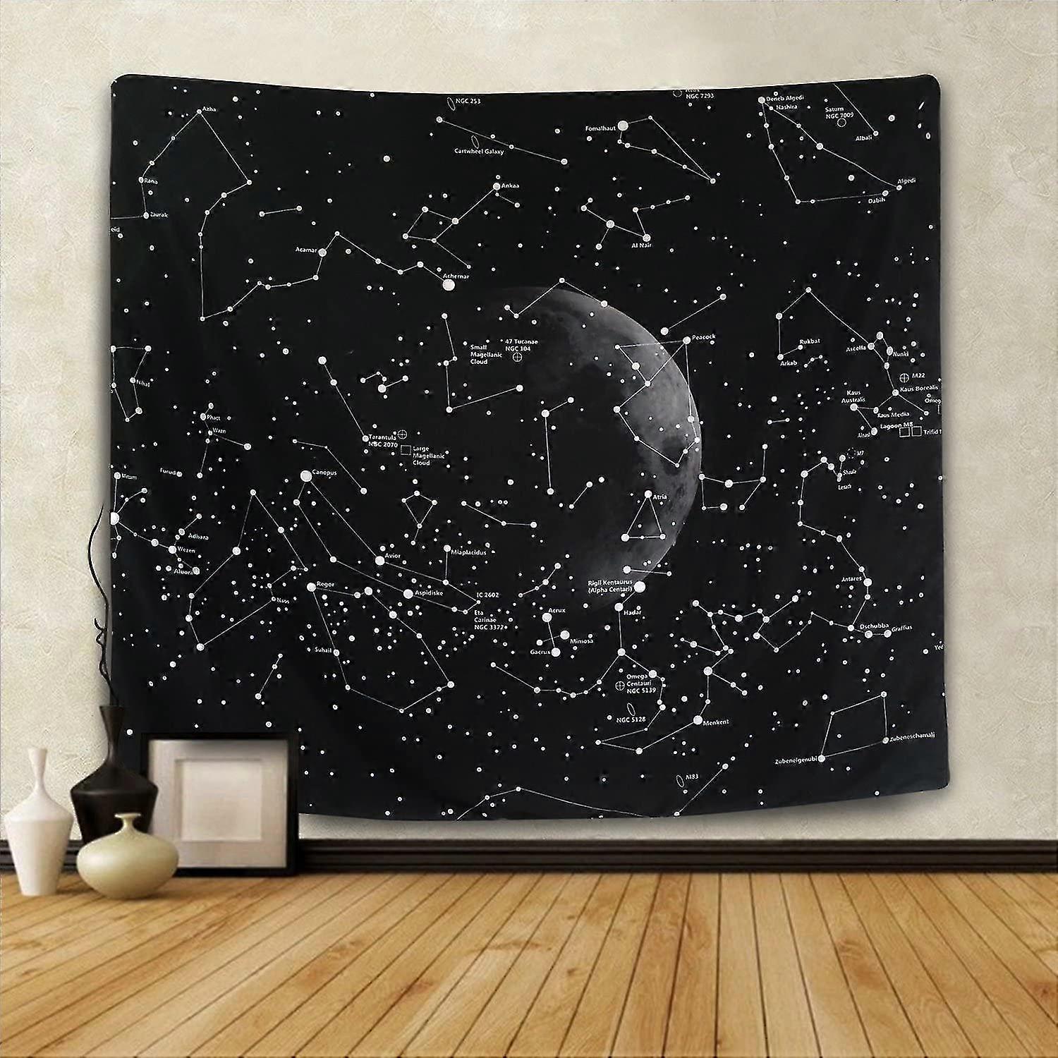 Psychedelic Black And White Tapestry Wall Hanging With Moon, Stars, And Clouds
