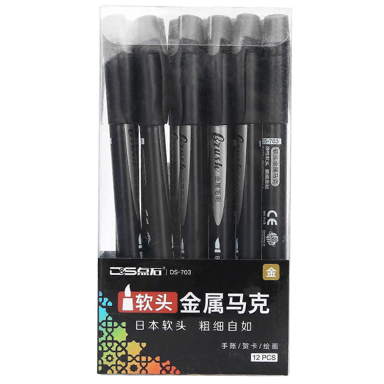 12pcs Soft Tip Metallic Couleur Pen Set Séchage rapide Imperméable à l’eau Kit de marqueur pour roche céramique tissu bois plastique verre (noir)