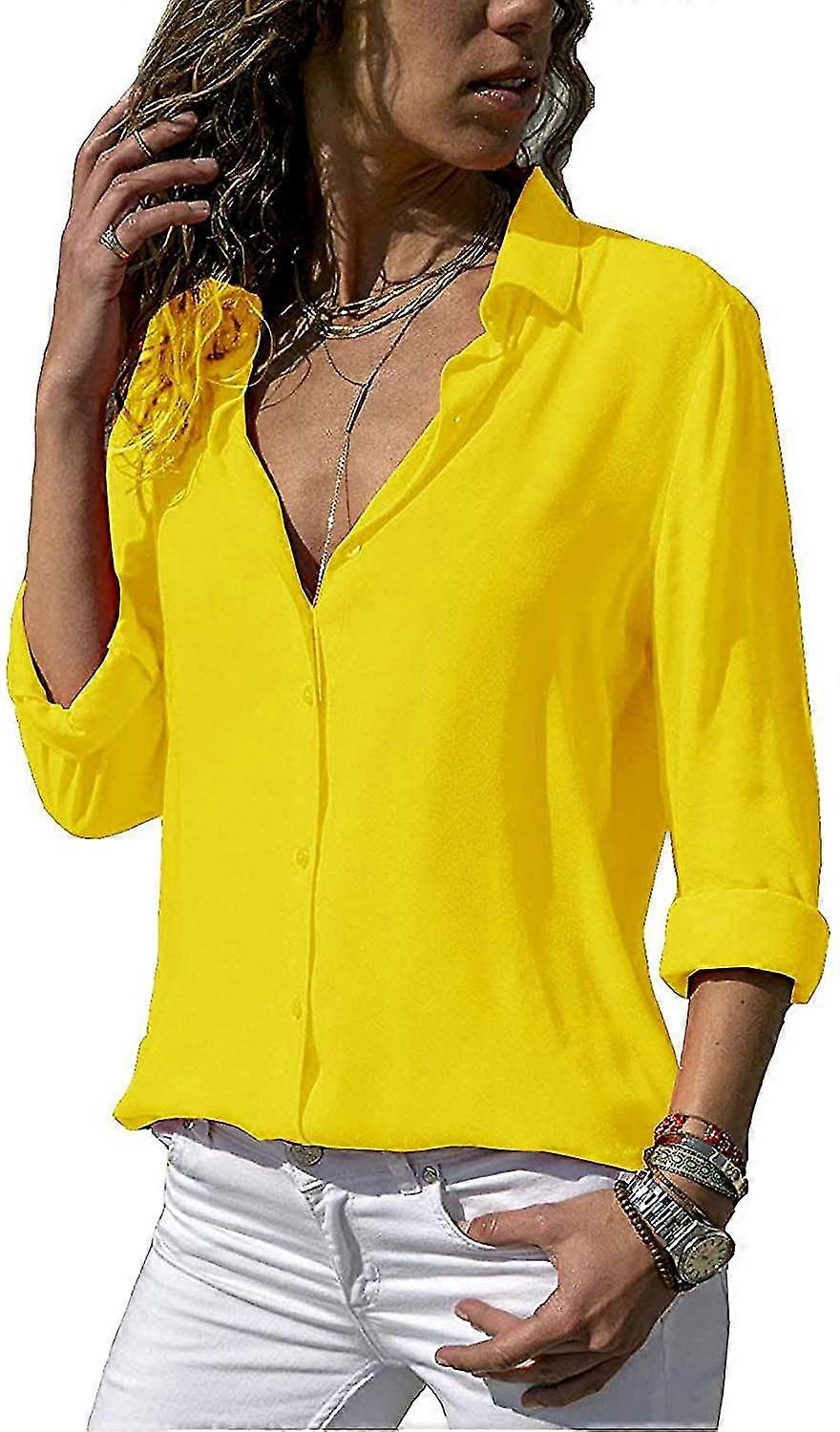 Camicetta da donna in chiffon con scollo a V e maniche lunghe monocromatiche