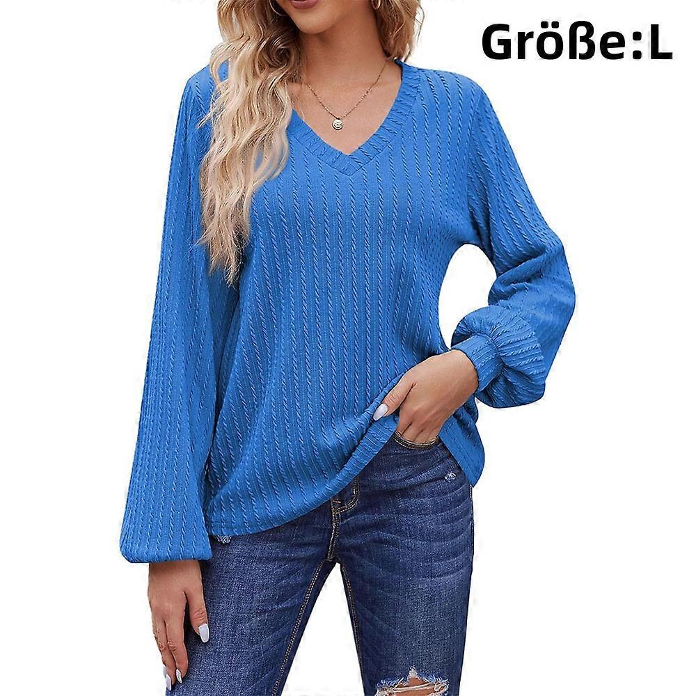 1pcs-Long Sleeve V-neck Top-Blue-L