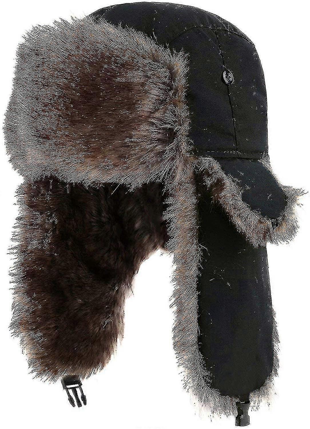 Trapper Ushanka καπέλο ζεστό ρωσικό trooper γούνα earflap χειμερινό καπέλο σκι καπελάκι (μαύρο)