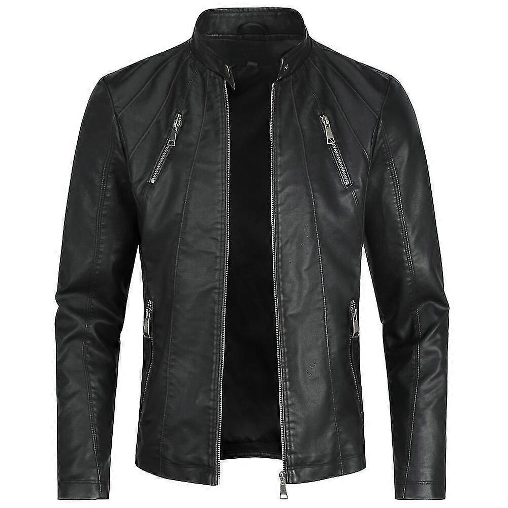 VAWAN Mens Classic Solid Zipper Loose Fit Leather Jacket