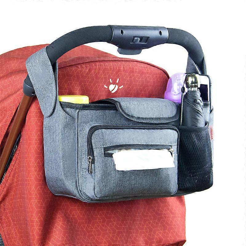Baby stroller bag (gray), large capacity baby supplies, with 2 baby cup holders, used for wet tissues, diapers, mobile phones, toys, and as a portable