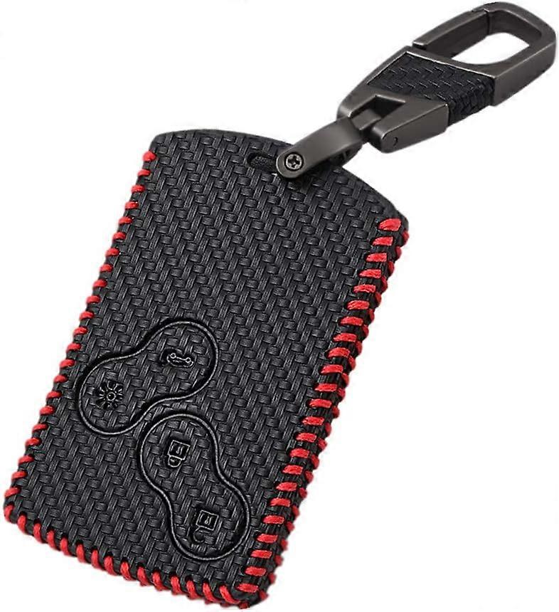 Carbon Fiber Style Leather Car Key Cover Cases keychain for Renault Clio Scenic Megane Duster Sandero Captur Twingo koleos 4 Buttons (Red line)